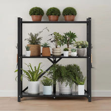 3-Tier Foldable Storage Shelf 30 x 13 x 36 Inch Metal Shelving Unit with Wheels & Hooks No Assembly (Black)