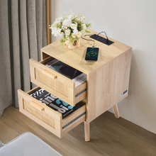 Rattan Nightstand with 2 Drawers & Charging Station