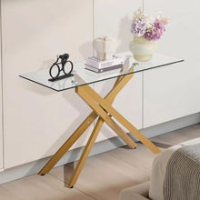 45 Inch Glass Coffee Table – Modern Gold Rectangle Table with Cross Iron Legs