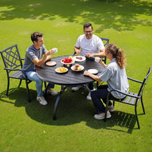 47-Inch Round Metal Bistro Table with Umbrella Hole – All-Weather Steel Slat Patio Furniture for Lawn Garden and Porch (Black)
