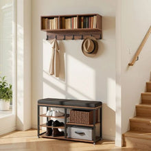 3-in-1 Coat Rack Shoe Bench with Hooks & Shelf – Rustic Brown Steel Hall Tree for Entry Bedroom Closet Office