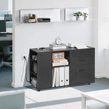 3-Drawer Wooden File Cabinet Rolling Storage with Power Strip Lock & Adjustable Shelves