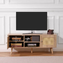 Boho Mid Century Rattan TV Cabinet for 55 Inch TV with Adjustable Shelves (Oak Finish)
