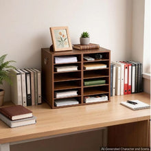 Wood Literature Organizer 12 Compartments Adjustable Shelves Countertop File Sorter (Brown)