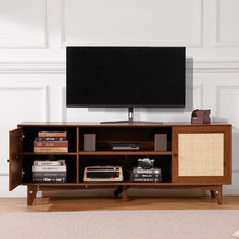 75 Inch Rattan TV Cabinet for Boho Entertainment Center with Built-in Socket 2 Shelves & Storage Doors (Walnut)