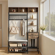 70.9" Hall Tree Coat Rack with Shoe Bench & 2 Drawers 3-in-1 Storage Organizer Bookshelf & Wire Shelf Steel Frame for Entryway Bedroom