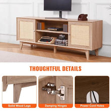 Boho Rattan TV Stand Mid Century TV Cabinet for 75 Inch TV with Built-in Socket USB Ports & Adjustable Shelves (Oak)