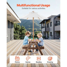 Kids 3-in-1 Picnic Table with Umbrella Sand & Water Play Table Wooden Bench Set with 2 Trays Seats 4 (Walnut)