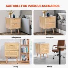 Rattan Nightstand with 2 Drawers & Charging Station