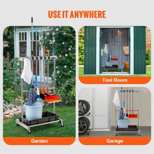 Garden Tool Organizer 10-Slot Metal Rack with Hooks & Wheels for Rakes Brooms & Shovels