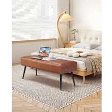 PU Leather Bedroom Bench with Metal Legs Upholstered Shoe Bench Stitched Design (Brown)
