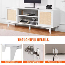 Rattan TV Stand for 75 Inch TV Boho Console with Rattan Doors & Built-in Socket (White)