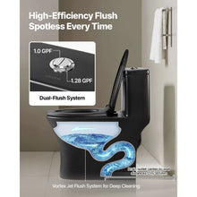 Elongated One-Piece Toilet Vortex Dual-Flush 1.0/1.28 GPF Easy-Clean Skirted Design (Black & Silver)