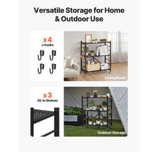 3-Tier Foldable Storage Shelf 30 x 13 x 36 Inch Metal Shelving Unit with Wheels & Hooks No Assembly (Black)