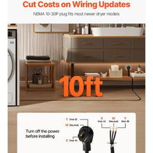 10 FT Dryer Power Cord 3-Prong NEMA 10-30P 30A Pure Copper Wire Cable with PVC Cable Tie