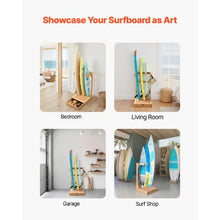 3-Tier Wooden Surfboard Stand Freestanding Rack with Hooks & Cork Padding for Storage and Display