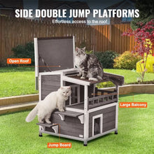 Weatherproof 2-Story Outdoor Cat House with Balcony PVC Door Flaps Open Roof 30"L x 30"W x 32"H