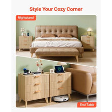 Fluted Nightstands Set of 2 Mid-Century Modern Bedside Tables with Charging Station 3 Drawers Khaki