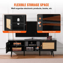 65 Inch Modern Rattan TV Console with with Rattan Doors USB Ports & Built-in Socket for Living Room Media Room (Black)