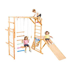 8-in-1 Indoor Playground Jungle Gym, Wooden Playset with Swing, Slide, Climbing Net & More for Kids