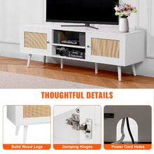 Rattan TV Cabinet for 65 Inch TV Boho Entertainment Center with Built-in Socket USB Ports & Storage (White)