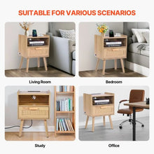 Rattan Nightstand with Drawer, Open Shelf & Charging Station