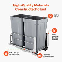 Pull-Out Trash Can 27 QT x2 Heavy Duty Kitchen Waste Bin with Soft Close Slide & Door Kit (Grey)