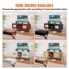 55 Inch Mid Century Modern Rattan TV Stand with Adjustable Shelves for Living Room Media Room (Black)