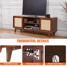 75 Inch Rattan TV Cabinet for Boho Entertainment Center with Built-in Socket 2 Shelves & Storage Doors (Walnut)
