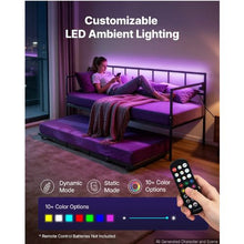 Twin Metal Daybed with Pop-Up Trundle Charging Station LED Lights Height Adjustable Lockable Casters (Black)
