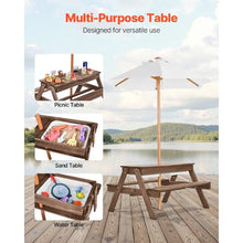 Kids 3-in-1 Picnic Table with Umbrella Sand & Water Play Table Wooden Bench Set with 2 Trays Seats 4 (Walnut)