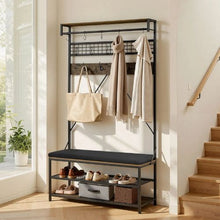 72" Hall Tree Coat Rack with Shoe Bench – 2-Tier Shoe Rack Hooks Hanging Rod & Wire Shelf Steel Frame Organizer for Bedroom Closet