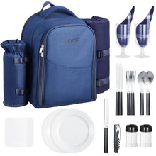 2 Person Picnic Backpack Insulated Cooler Compartment wid Bottle/Wine Holder for Hiking Camping Navy Blue