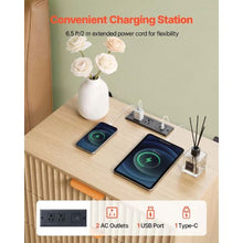 Fluted Nightstands Set of 2 Mid-Century Modern Bedside Tables with Charging Station 3 Drawers Khaki