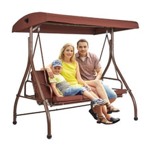 3-Seat Patio Swing with Canopy Steel Frame Cushioned Outdoor Bench (Brown)