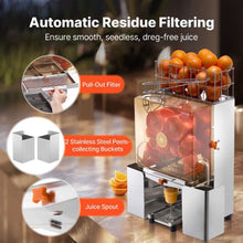 120W Commercial Orange Juicer Machine Automatic Citrus Juicer 20 Oranges/Min Stainless Steel with Filter Box & Peel Buckets
