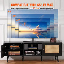65 Inch Modern Rattan TV Console with with Rattan Doors USB Ports & Built-in Socket for Living Room Media Room (Black)