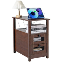 Modern Farmhouse Nightstand End Table 4-Tier Storage Cabinet with 2 Drawers Built-in Charging Station USB Ports & Outlets (Brown Finish)