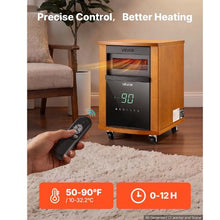 Infrared Heater 1500W Electric Space Heater 3 Heat Settings Remote 12H Timer Wheels (Light Wood)