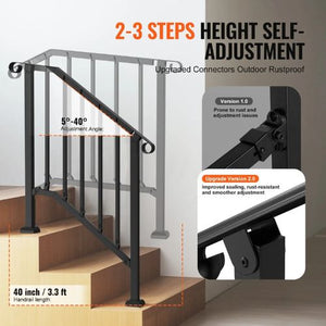 2-3 Steps Black Porch Deck Handrails for Outdoor for Seniors