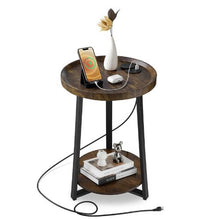 2-Tier Round End Table with Charging Station, Brown