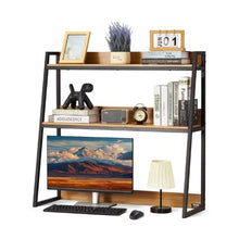 2-Tier Desktop Bookshelf Hutch Wood Color with Anti-Slip Feet (Wood Grain)