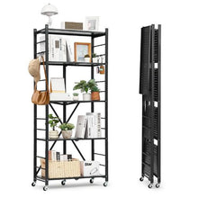 5-Tier Foldable Metal Storage Shelf with Wheels & Hooks No Assembly Shelving Unit for Pantry Kitchen Garage (Black)