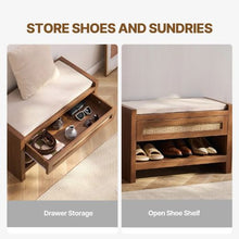 30.9 In Rattan Shoe Bench with Storage Drawer & Linen Seat Cushion Handwoven Rattan for Entryway Bedroom Living Room