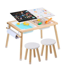 Sensory Table Set with 2 Stools Storage Bins & Paper Roll Holder Indoor/Outdoor Sand & Water Play Table – Wooden Gift for Kids