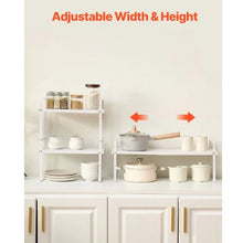 "Adjustable 2-Tier Kitchen Cabinet Shelf Organizer - Expandable Stackable Storage Riser for Pantry Bathroom & Office (White)