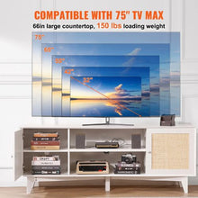 Rattan TV Stand for 75 Inch TV Boho Console with Rattan Doors & Built-in Socket (White)