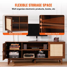 75 Inch Rattan TV Cabinet for Boho Entertainment Center with Built-in Socket 2 Shelves & Storage Doors (Walnut)