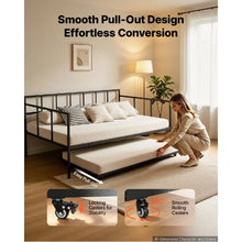 Twin Metal Daybed with Pop-Up Trundle LED Lights Charging Station Storage Headboard 4 Casters (Black)