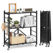3-Tier Foldable Storage Shelf 30 x 13 x 36 Inch Metal Shelving Unit with Wheels & Hooks No Assembly (Black)